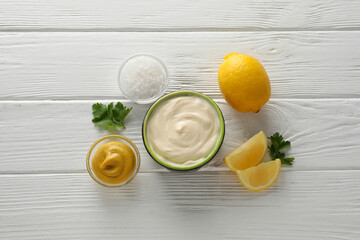 Concept of sauce, mayonnaise sauce, top view