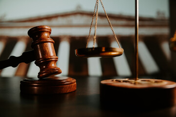 Wooden judge gavel and scale. Law and justice concept