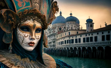 Gordijnen Abstract art. Colorful painting art of a woman with venetian carnival mask and costume. Background illustration. Generative AI. © PhotoGranary