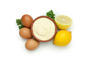 Concept of egg sauce, mayonnaise sauce, isolated on white background