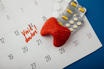 Model of thyroid and pills on calendar with mark visit doctor. Healthcare concept