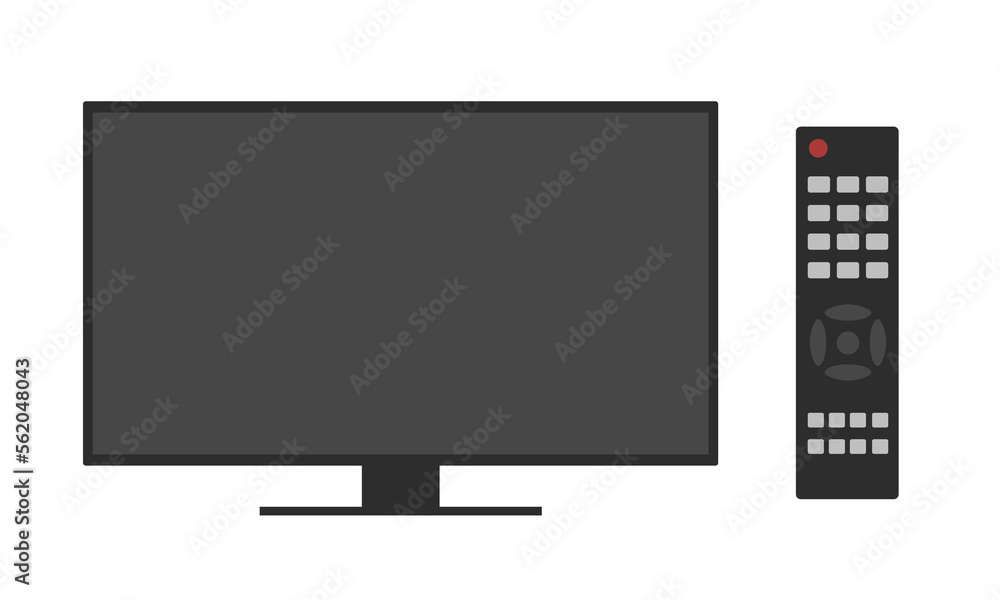 Poster flat design illustration of tv set and remote control with buttons, isolated vector on white backgro