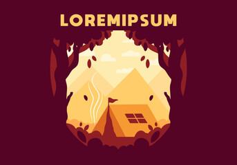 Colorful flat illustration of outdoor camping in the forest with mountain view