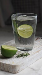 a drink of infused water with a slice of lime and rosemary, selective focu