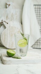 a drink of infused water with a slice of lime and rosemary, selective focus