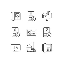Services and bills pixel perfect linear icons set. Water, gas and electricity payment. Telecommunication. Customizable thin line symbols. Isolated vector outline illustrations. Editable stroke
