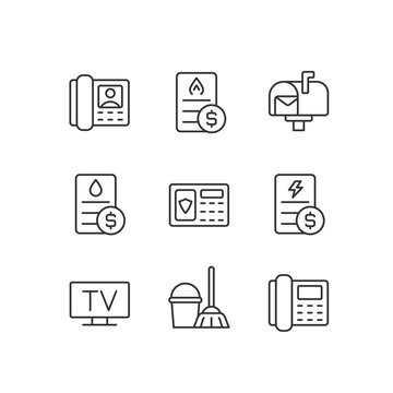 Services and bills pixel perfect linear icons set. Water, gas and electricity payment. Telecommunication. Customizable thin line symbols. Isolated vector outline illustrations. Editable stroke