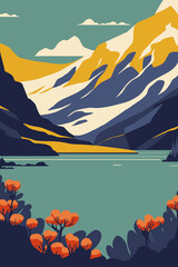 Torres Del Paine national park mountain lake nature illustration - obrazy, fototapety, plakaty