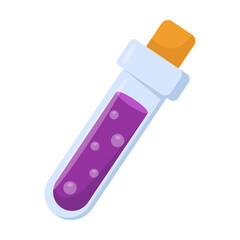 Cute Test tube with magic liquid closed with stopper sticker vector illustration. Cartoon drawing of witchcraft or dark magic element in boho style isolated on white background