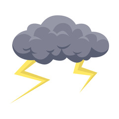 Grey cloud with lightning vector illustration. Drawing of rain or thunder cloud for sky pattern isolated on white background. Weather, summer or autumn concept