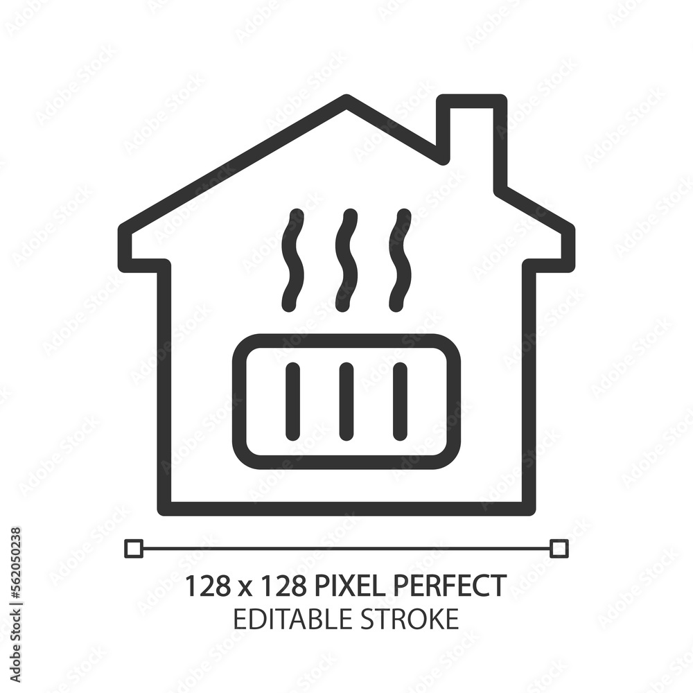 Sticker Central heating pixel perfect linear icon. Home radiator. Public utility. Thermostat. Electric household appliance. Thin line illustration. Contour symbol. Vector outline drawing. Editable stroke