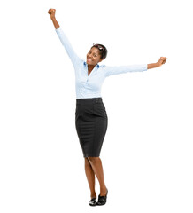 PNG of a young businesswoman cheering isolated on a PNG background. - obrazy, fototapety, plakaty