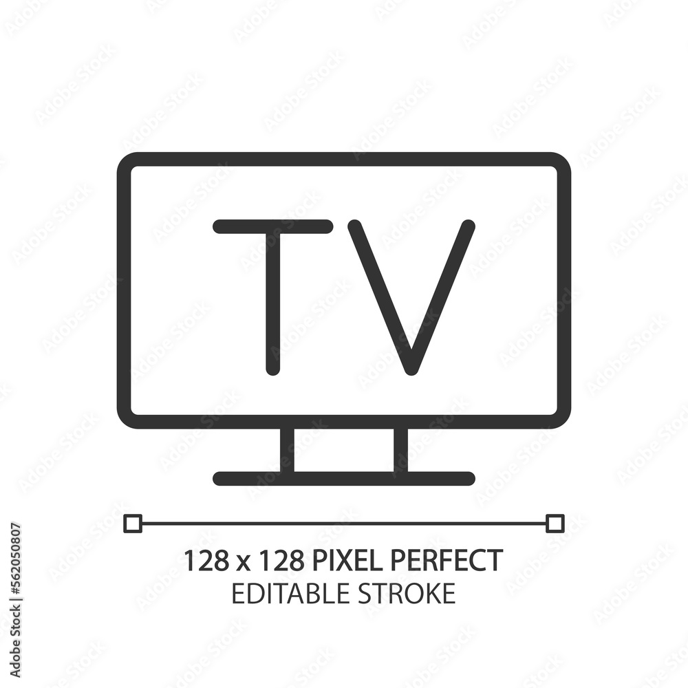 Poster television pixel perfect linear icon. tv broadcasting service. analog and digital technology. public