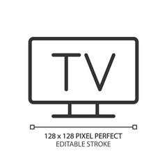 Television pixel perfect linear icon. TV broadcasting service. Analog and digital technology. Public utility. Thin line illustration. Contour symbol. Vector outline drawing. Editable stroke