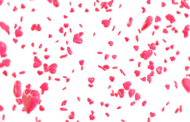 Fototapeta na wymiar Falling red and pink hearts isolated on transparent background. Valentine’s day design. 3D rendering