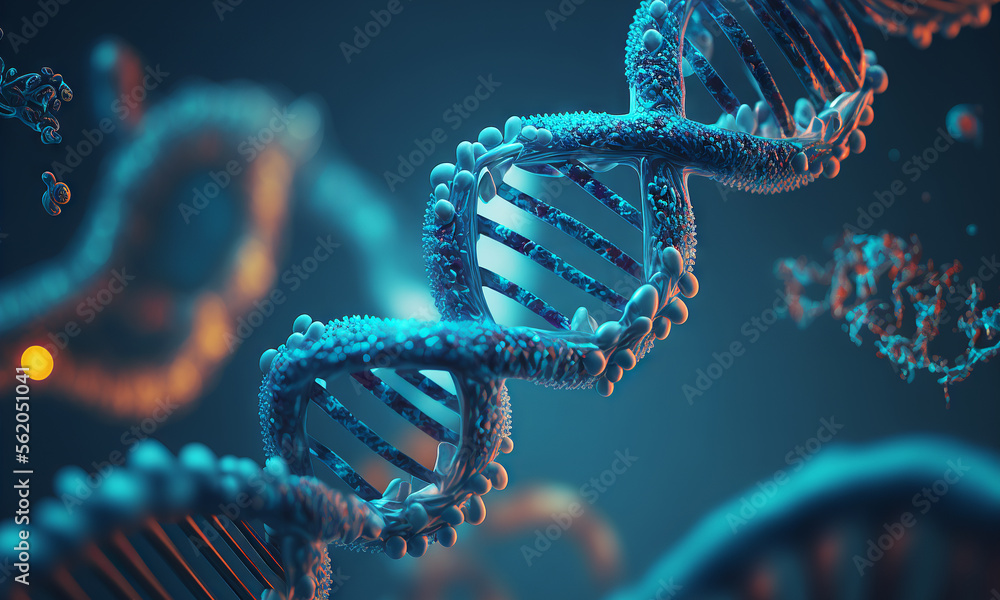 Aufkleber Concept of the evolution of human DNA in the distant future. View under the microscope. Blue helix background close-up. Generative ai