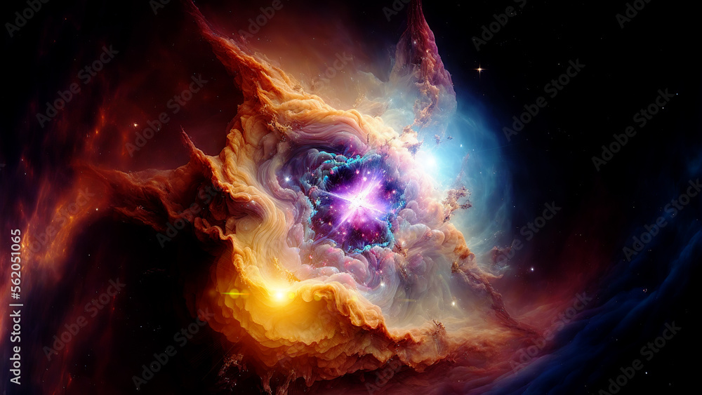 Poster Large panoramic view of a colorful dark blue nebula in space. Cosmic background with bright shining stars, galaxies and deep universe. Generative ai