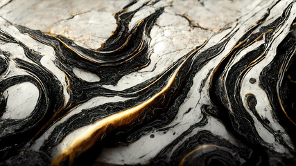 Abstract swirling black and white marble stone wallpaper. Texture imitating painting with running golden details. 3D rendering background for graphic design, banner, illustration