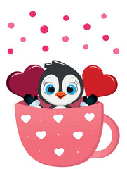 Animal illustration with cute penguin and red hearts in a cup isolated on white background.