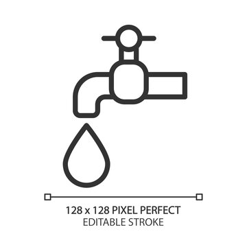 Water supply pixel perfect linear icon. Domestic usage. Drinking water distribution. Public utility service. Plumbing. Thin line illustration. Contour symbol. Vector outline drawing. Editable stroke