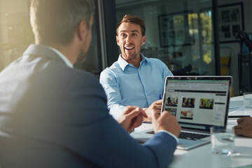 Businessmen conversation, design planning and laptop for digital marketing, online networking or...