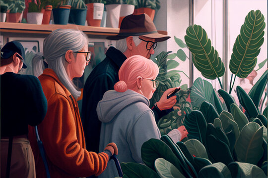 Illustration Of People In a Plant Shop, People Looking at Plants