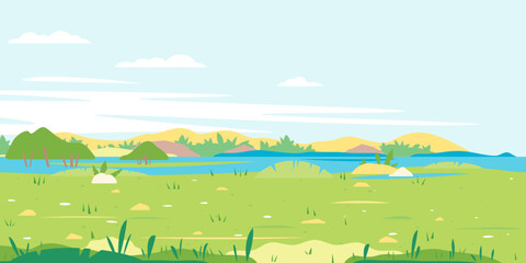 Green grass field with plants and river along meadow, travel concept illustration, fields background in summer day with green grass and river