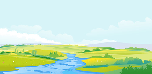 Nature landscape of hills and meadows with fast river in the valley, travel concept illustration, fields background in summer day with green grass and flowers near river