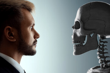 Close-up portrait of a man looking at a human skull, facing death. Concept of death, old age,...