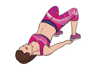 Illustration d’une femme châtain allongée sur le dos, faisant du sport, exercice le bridge, le pont. Dessin réaliste et coloré, rose fluo.