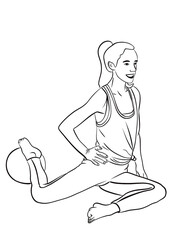 Illustration d’une femme châtain en tenue de sport pendant sa séance d’étirement. Assise elle utilise une balle. Dessin réaliste et minimaliste aux lignes noir épurées. Png