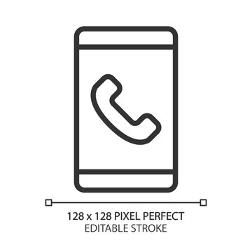 Mobile phone pixel perfect linear icon. Telecommunication service. Mobile calling provider. Smartphone dialing. Thin line illustration. Contour symbol. Vector outline drawing. Editable stroke