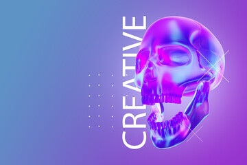 Inscription creative lilac pearlescent glass skull. Copy Space, 3D rendering, 3D illustration.