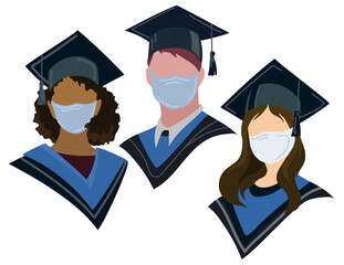 Graduated students of different nationality wearing academic hat and medical masks flat vector illustration.Graduation during a pandemic.Students in a protective medical mask portraits isolated
