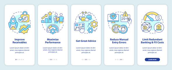 Treasury management benefits onboarding mobile app screen. Walkthrough 5 steps editable graphic instructions with linear concepts. UI, UX, GUI template. Myriad Pro-Bold, Regular fonts used