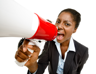 A businesswoman using a megaphone isolated on a PNG background.