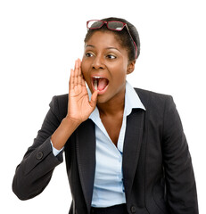 A businesswoman shouting isolated on a PNG background.