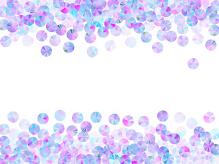 Purple tinsels confetti scatter vector background. Elegant glowing spangle particles party decor top view. Birthday confetti placer shiny pattern.