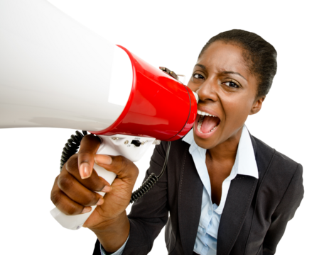 A businesswoman using a megaphone isolated on a PNG background.