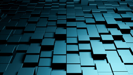 Shifted blue metallic floor tiles or square cubes abstract dark 3D background, interior pattern wallpaper