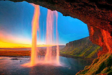 Fototapeta na wymiar Waterfall from insides background wallpaper