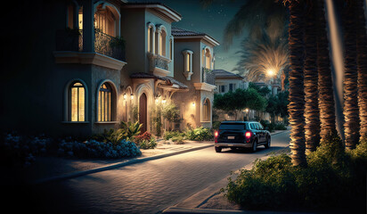 Fototapeta na wymiar modern generic contemporary style villa neighborhood at night