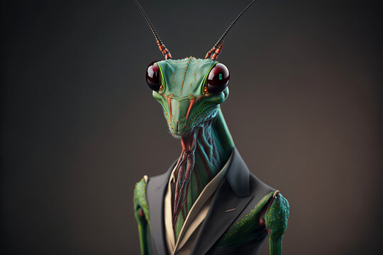 praying mantis wearing a suit on black background