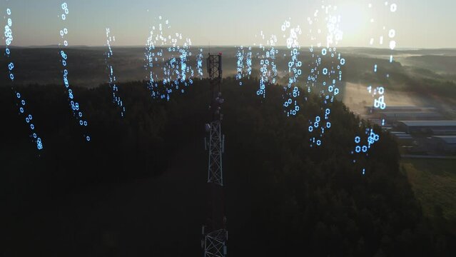 Aerial view. Visualization of a digital radio waves coming from a cellular communication antenna. Animation of cell phone tower transmits 5G waves. Wireless Internet communications. 4k footage