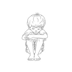 Ein Junge sitzt barfuß mit kurzer Hose und angewinkelten Beinen. Er hat den Kopf gesenkt und ist traurig und in sich gekehrt. Vorlage oder Ausmalbild in schwarz weiß