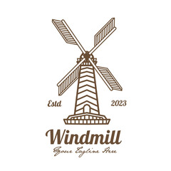 Windmill vintage line art outline logo, simple electricity technology.