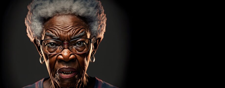 African american grandma with grey hair raging and looking very angry directly at you, copy space generative ai
