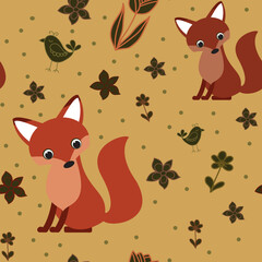 Seamless pattern with fox and flowers. Vector file for designs.