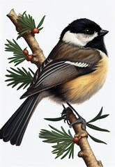 Chickadee on Evergreen Bough created with Generative AI Technology - 562056625