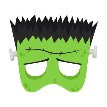 Design For Creepy Mask Of Green Living Zombie Isolated On White Background. Halloween Mask For Children Vector Illustration. Halloween, Holidays Concept